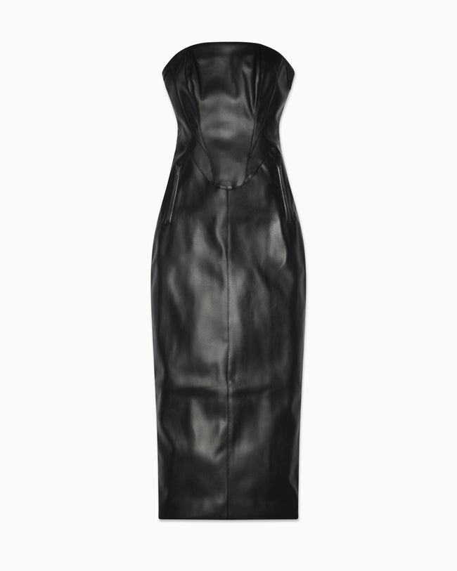 Faux Leather Strapless Long Dress | Black