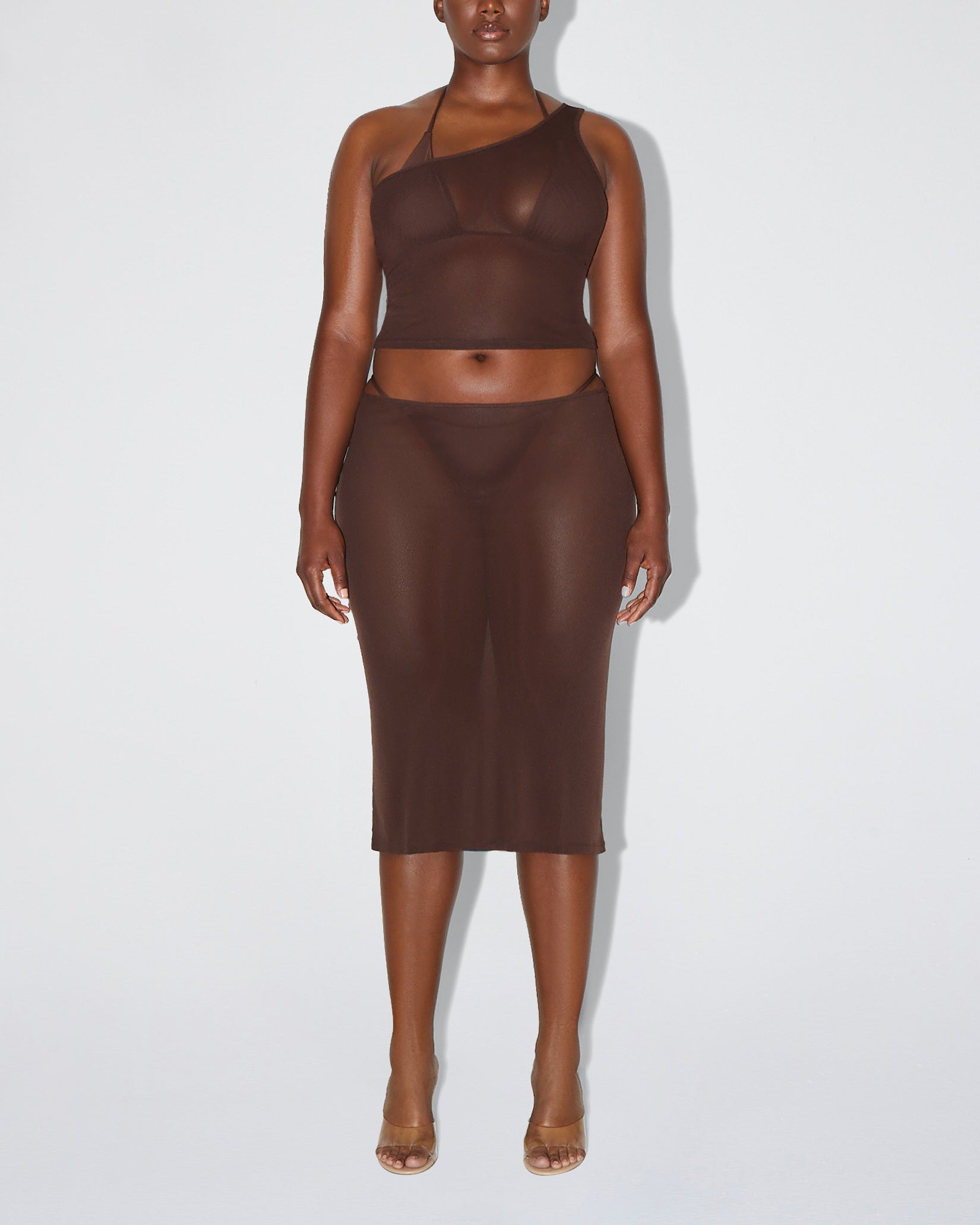 Mesh One Shoulder Top | Chocolate