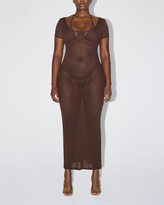 Mesh Scoop Neck Maxi Dress | Chocolate