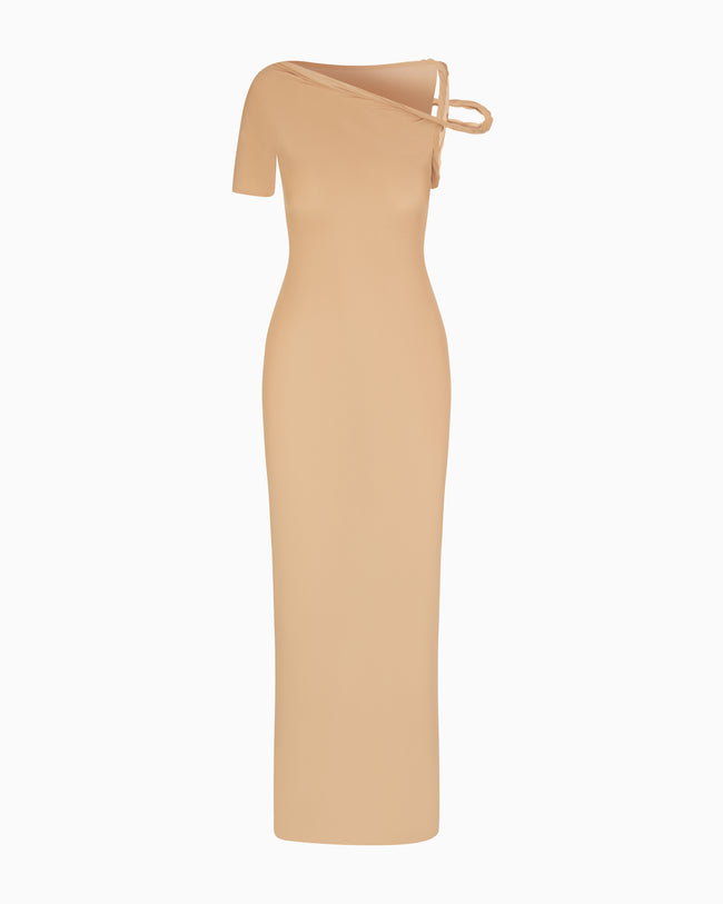 Mesh Stretch Twist Maxi Dress | Nude