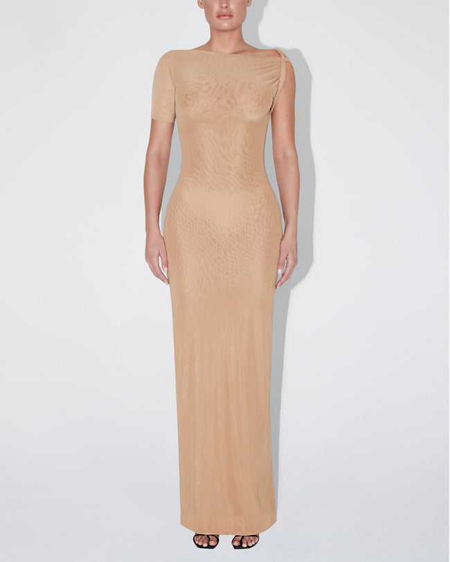 Mesh Stretch Twist Maxi Dress | Nude