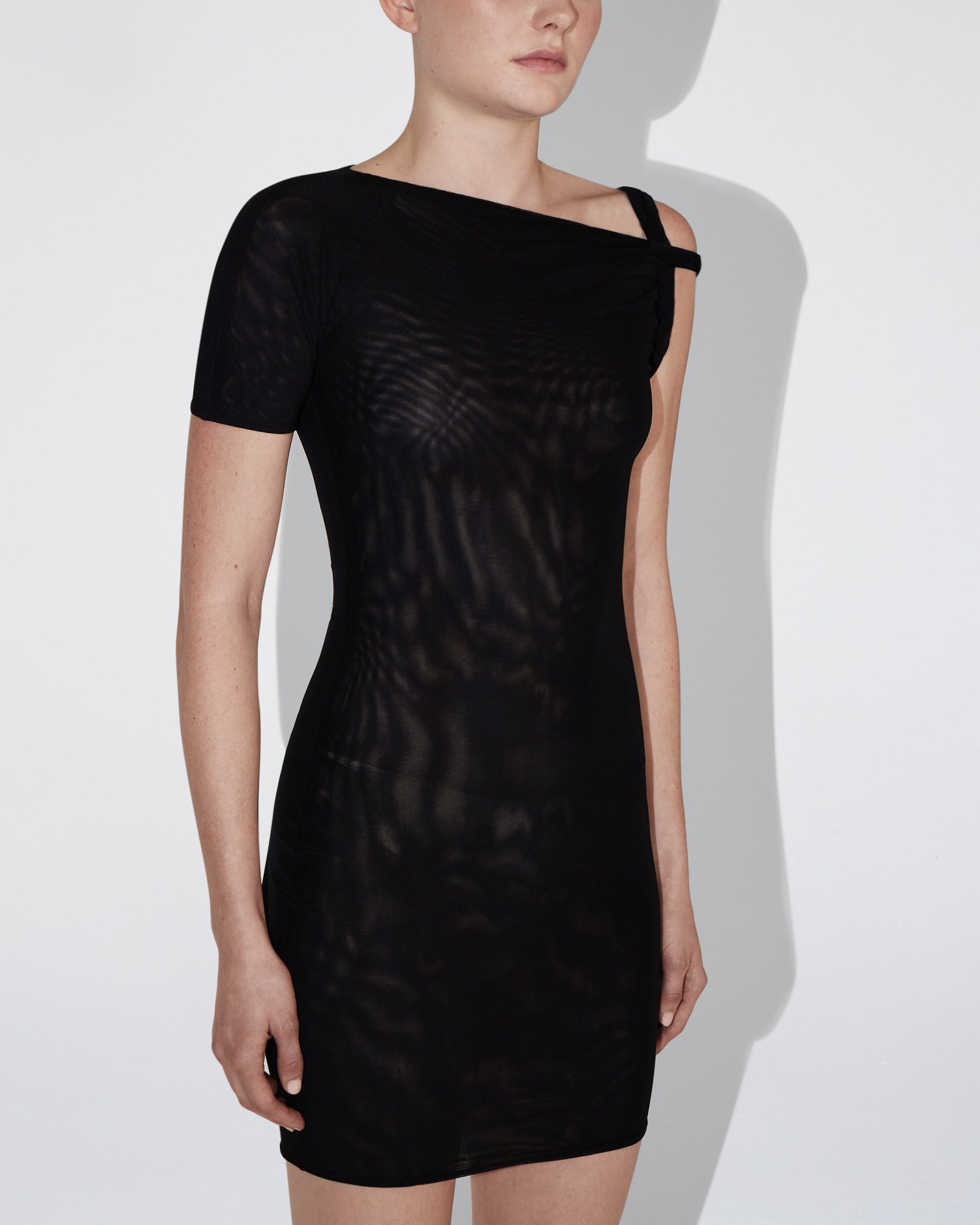 Mesh Stretch Twist Mini Dress | Black