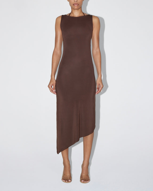 Soft Stretch Asymmetrical Midi Dress | Chocolate