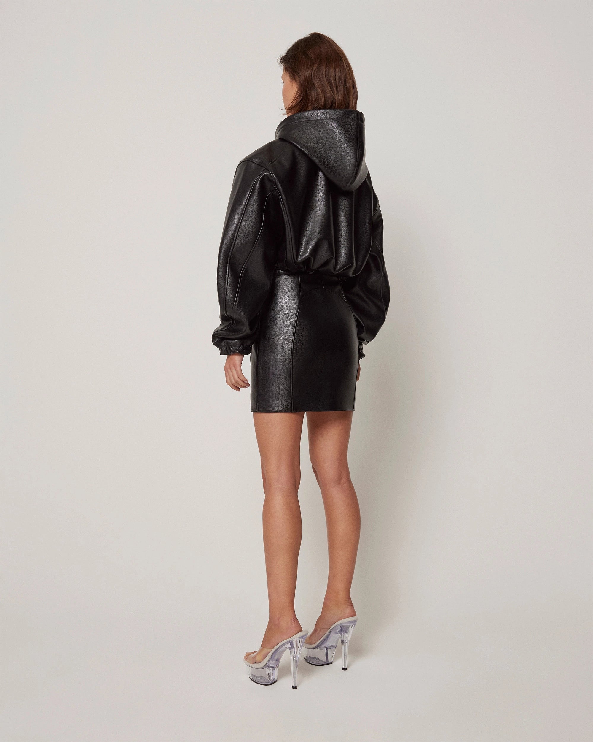 Faux Leather Cropped Hooded Jacket | Black