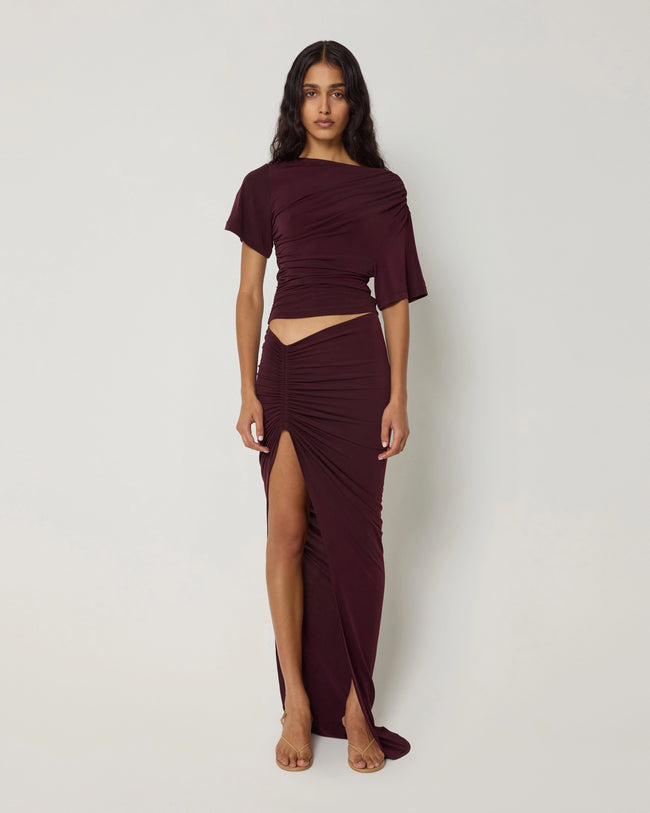 Asymmetrical Ruched Top | Black Cherry