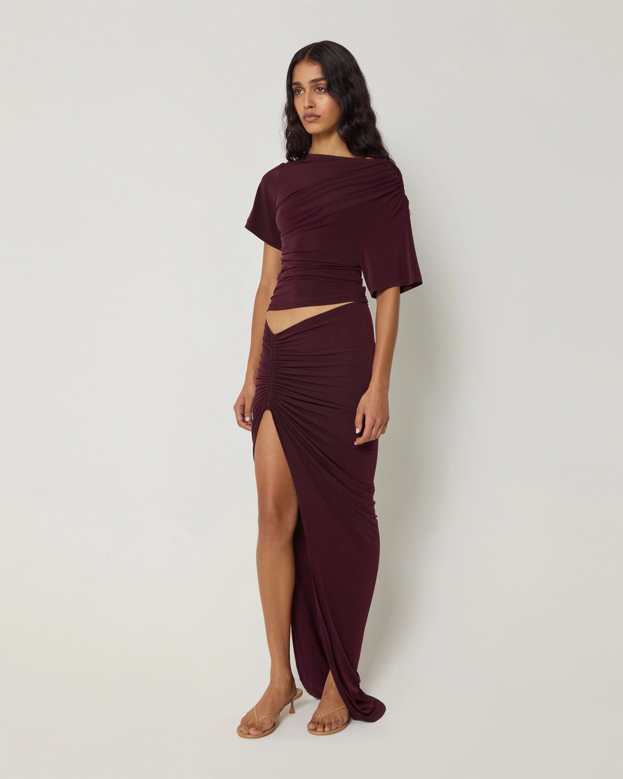 Asymmetrical Ruched Top | Black Cherry