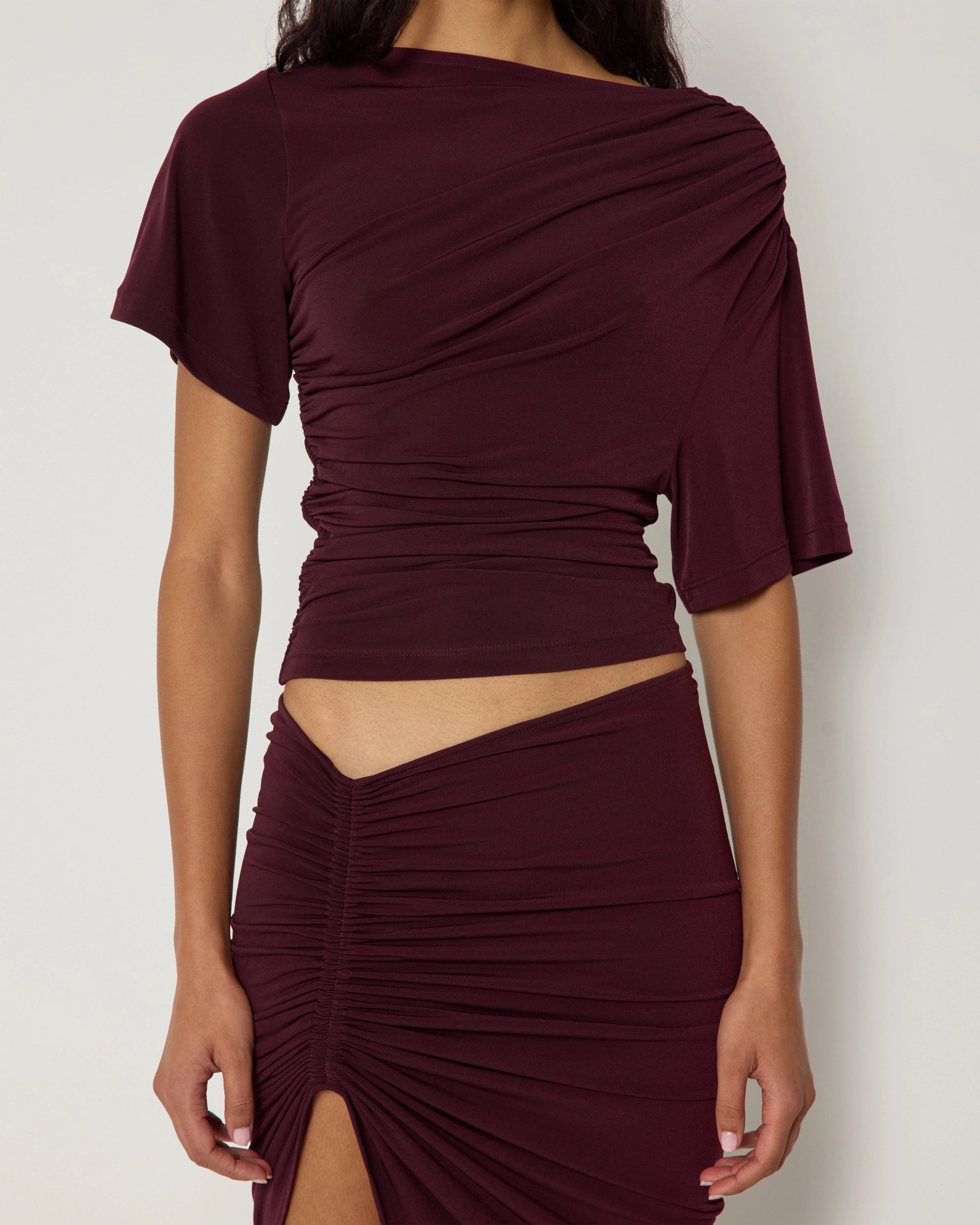 Asymmetrical Ruched Top | Black Cherry