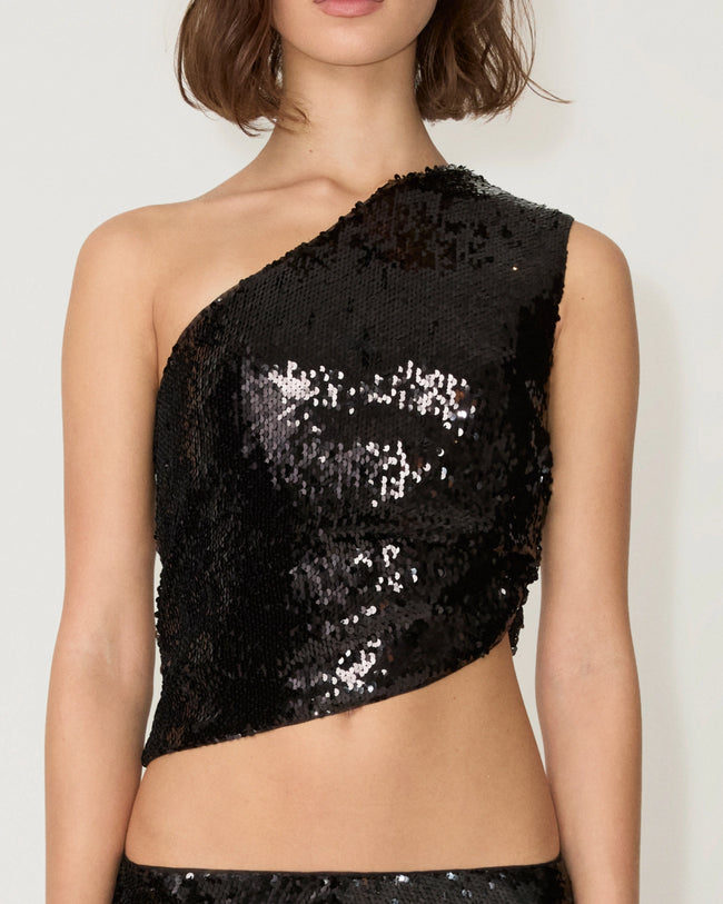 Sequin One Shoulder Top | Black