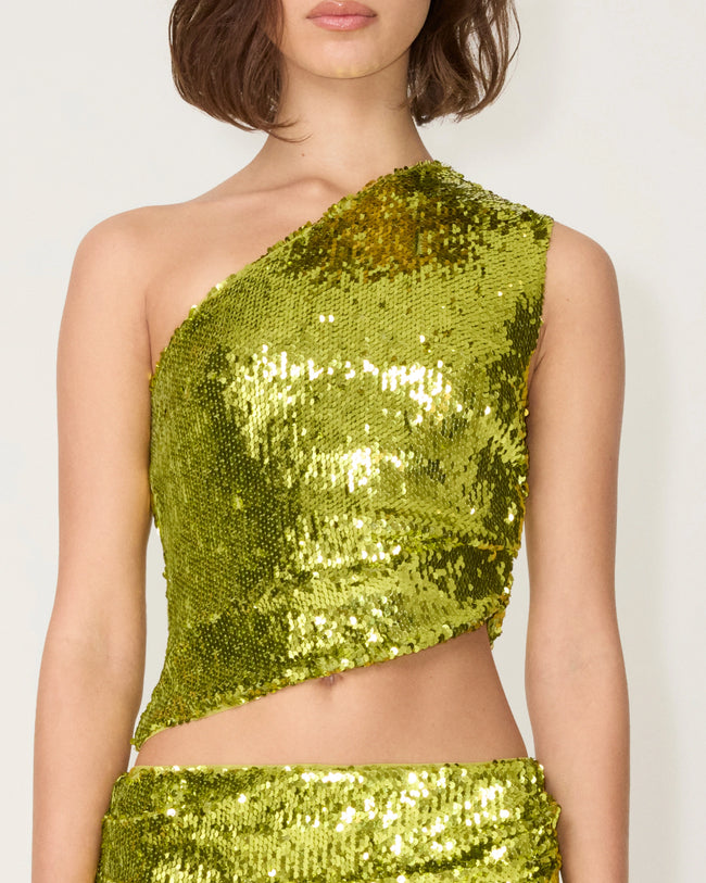 Sequin One Shoulder Top | Chartreuse