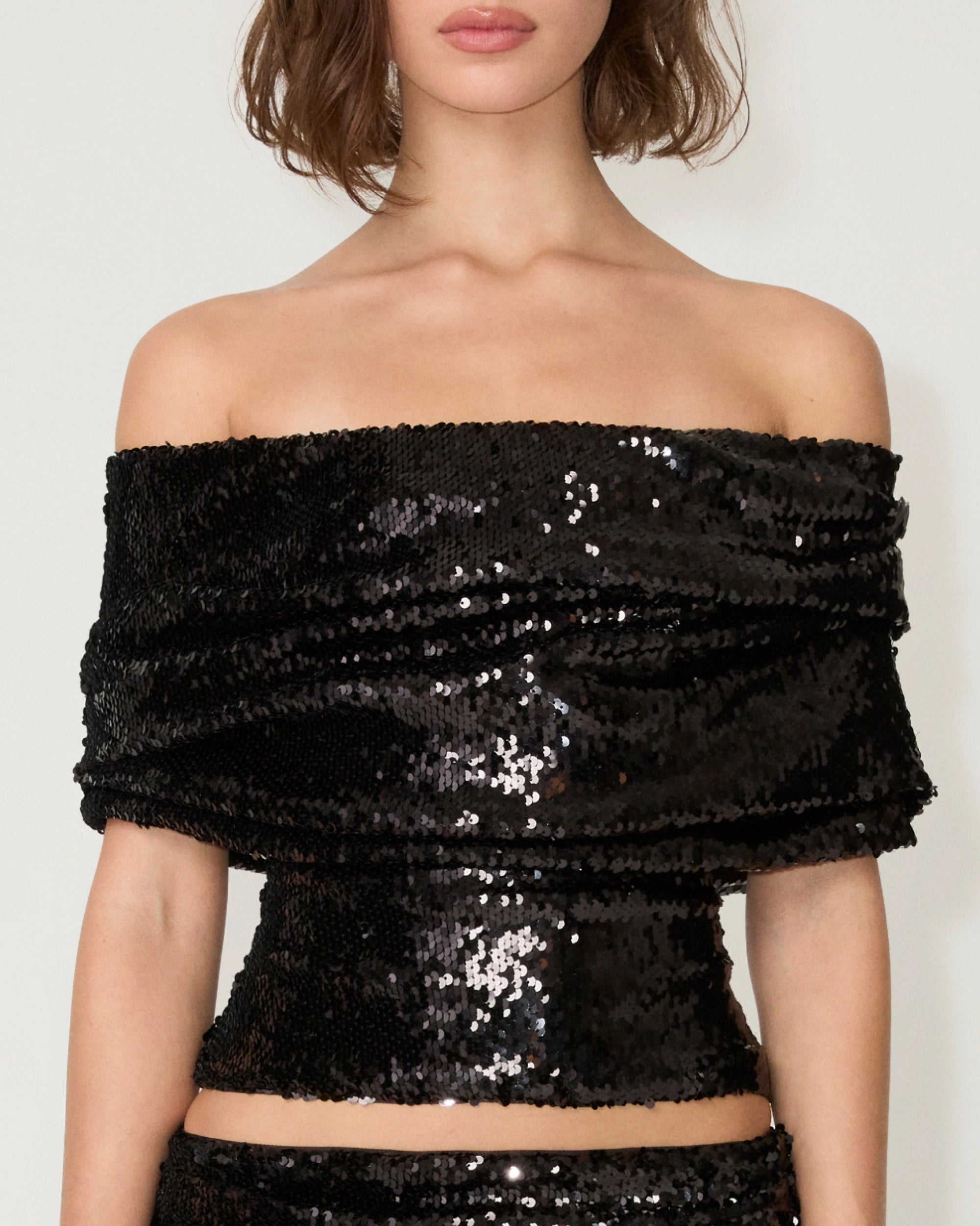 Sequin Shawl Tube Top | Black