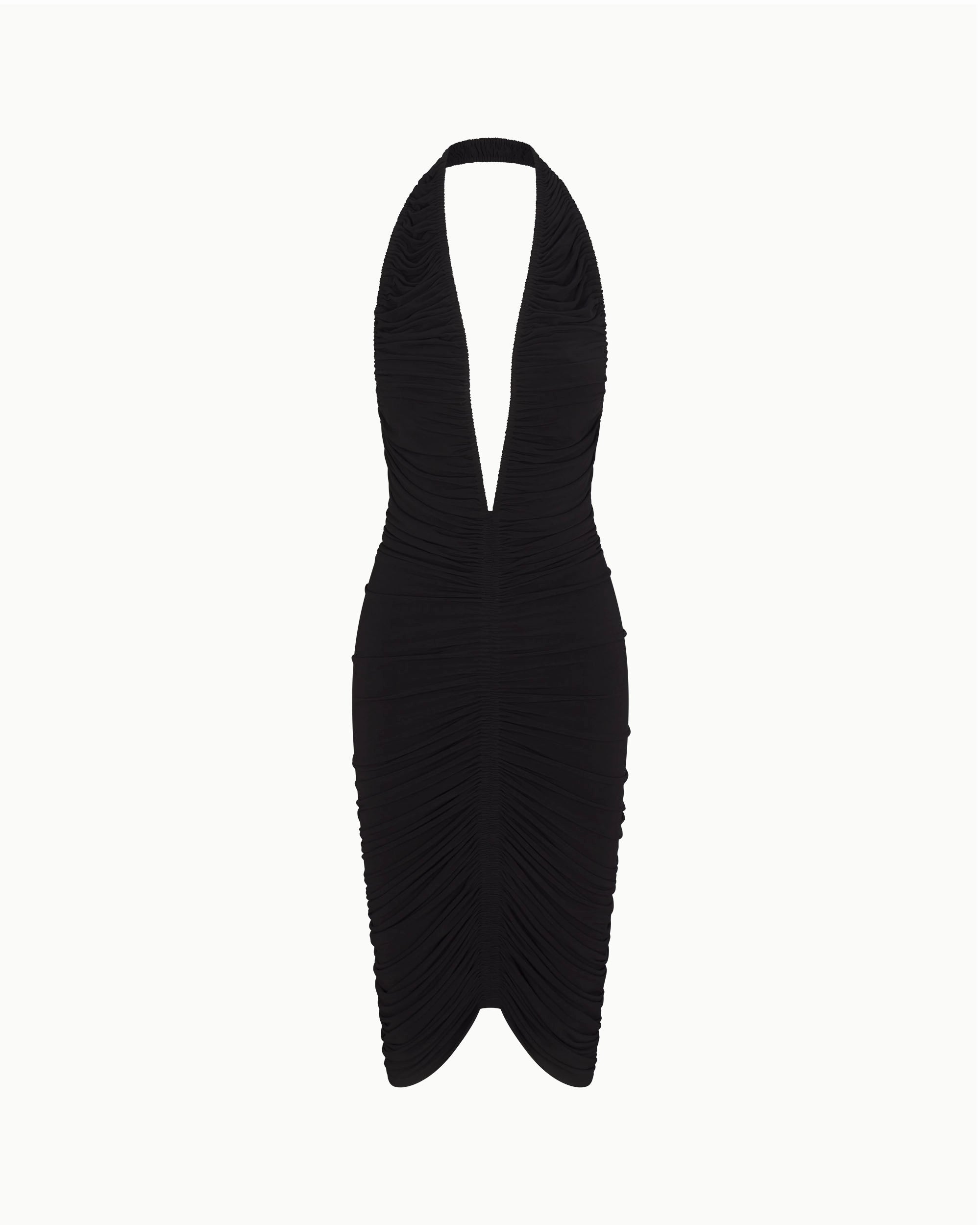 Plunging Ruched Midi Dress | Black