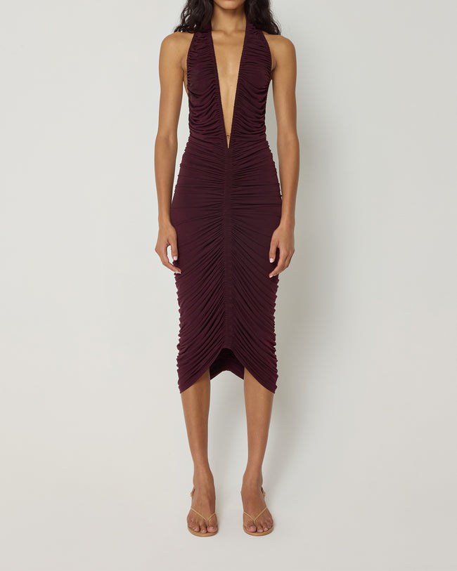 Plunging Ruched Midi Dress | Black Cherry