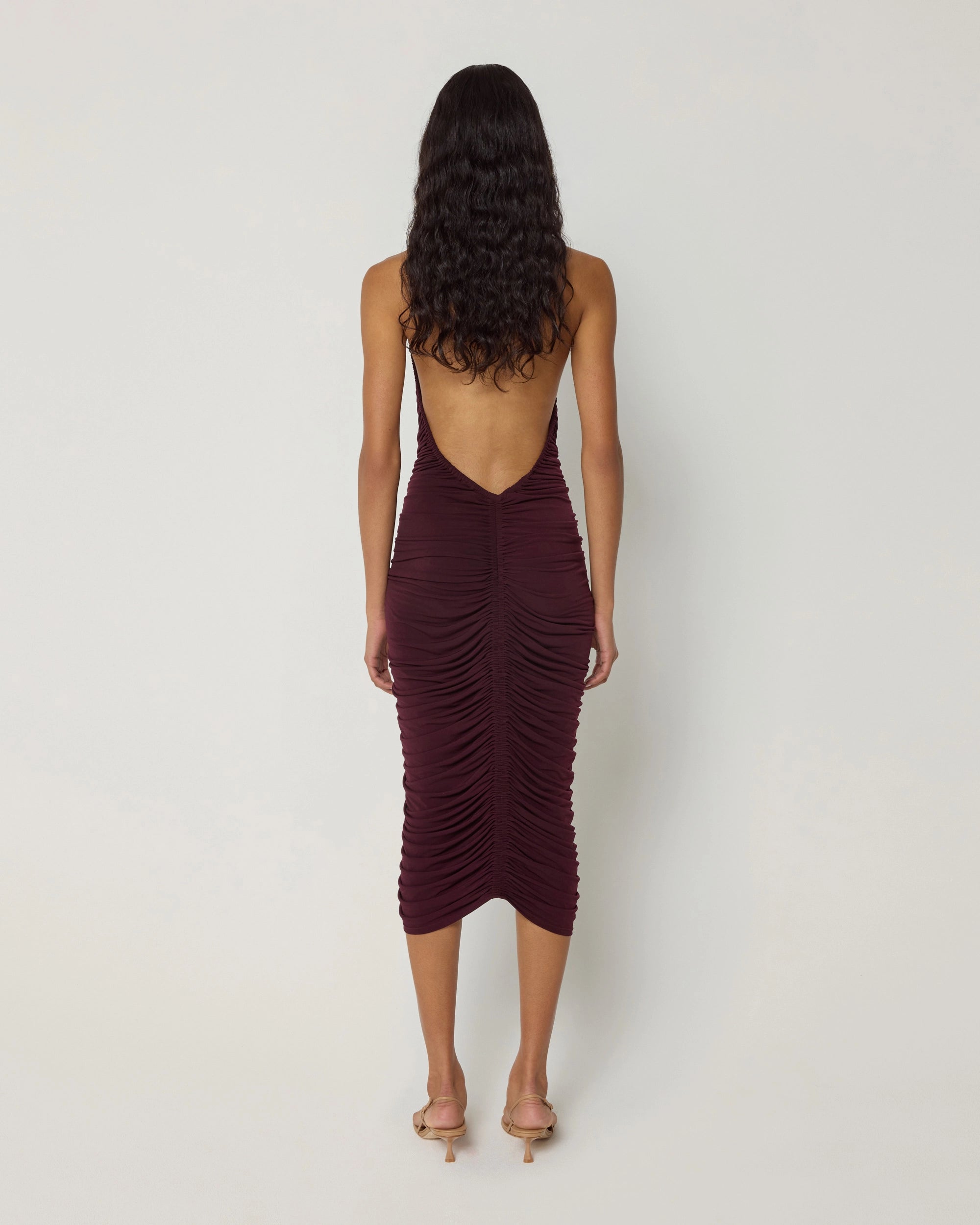 Plunging Ruched Midi Dress | Black Cherry