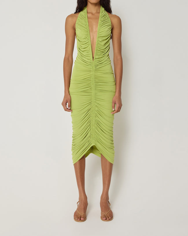 Plunging Ruched Midi Dress | Dark Citron