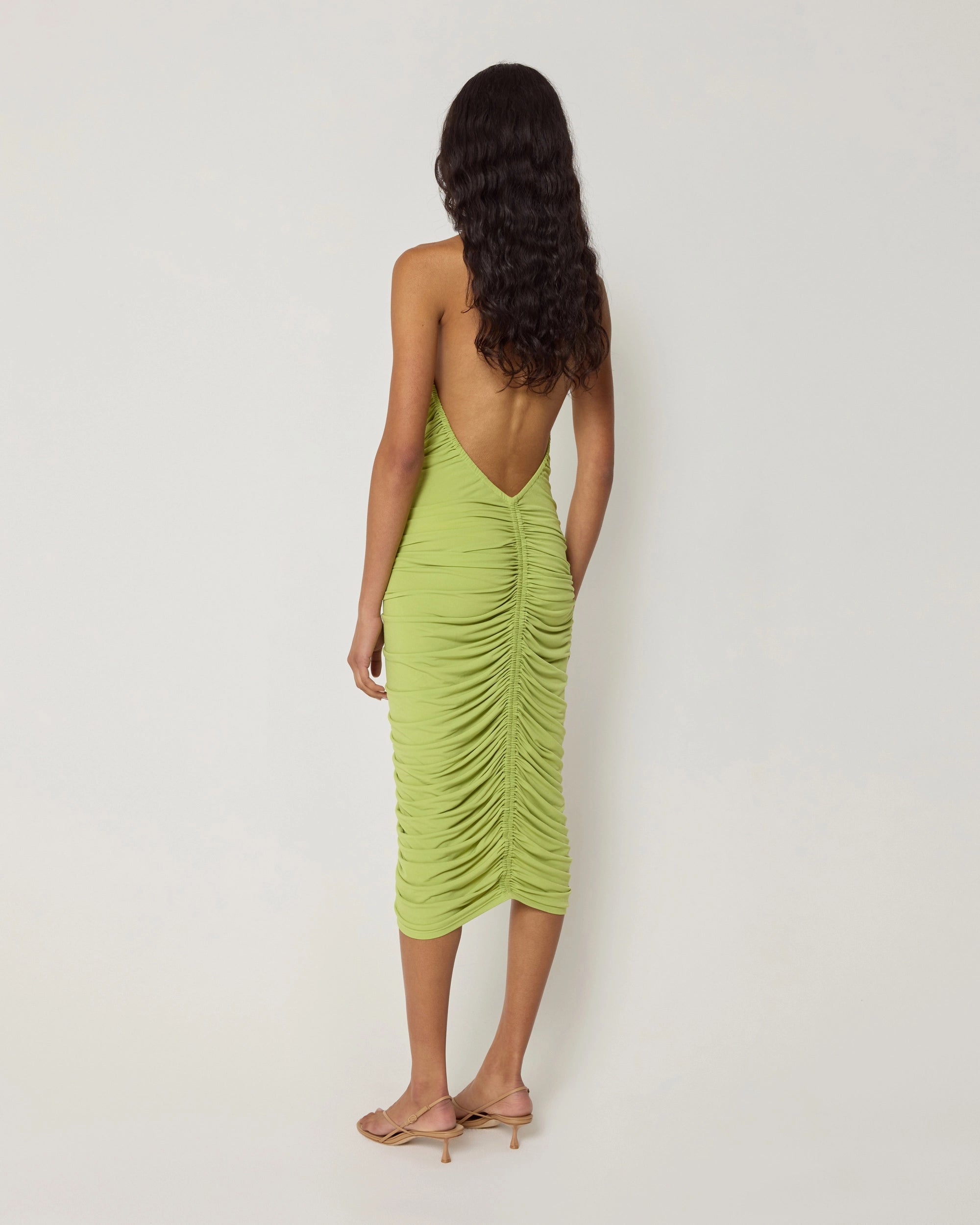 Plunging Ruched Midi Dress | Dark Citron