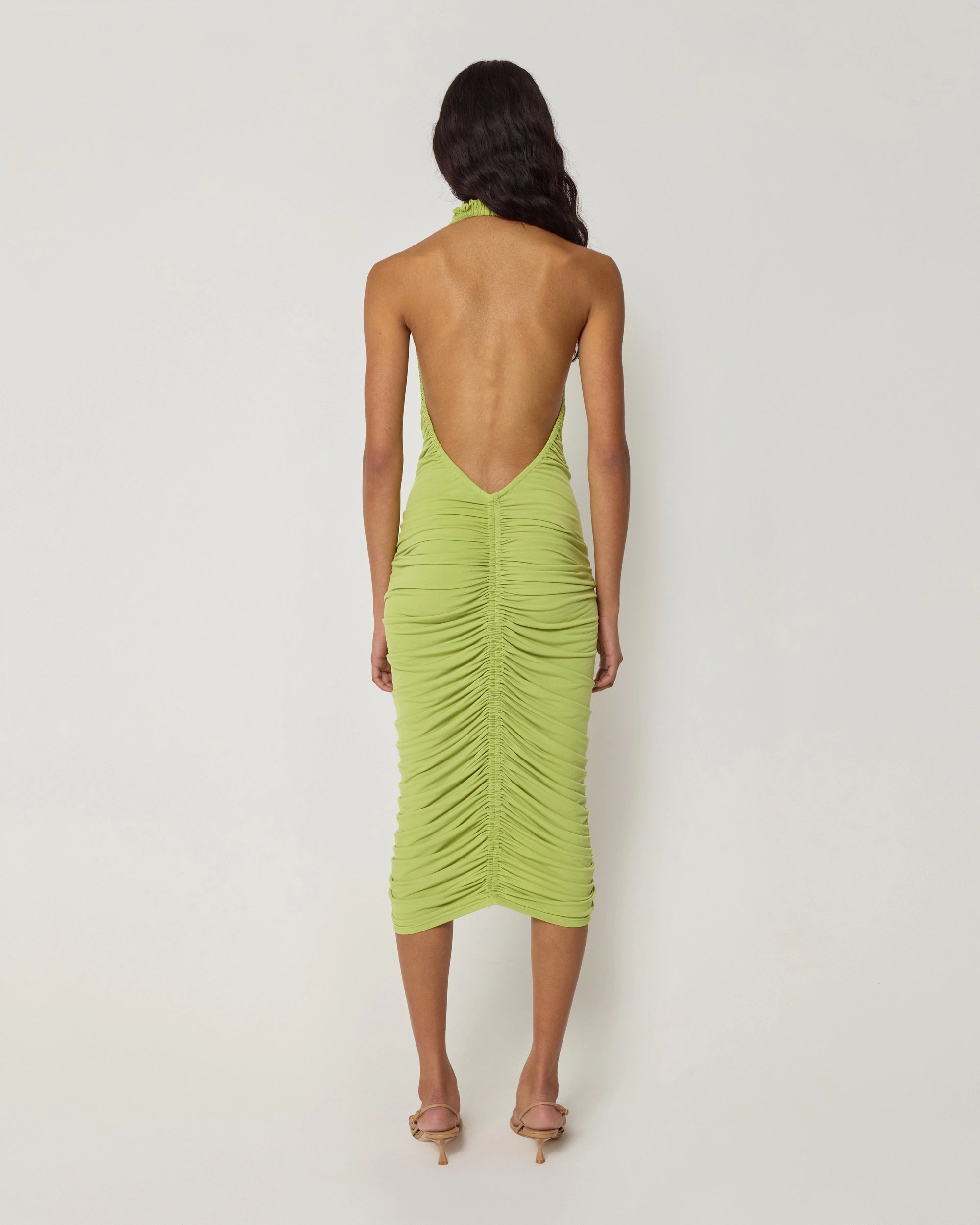 Plunging Ruched Midi Dress | Dark Citron