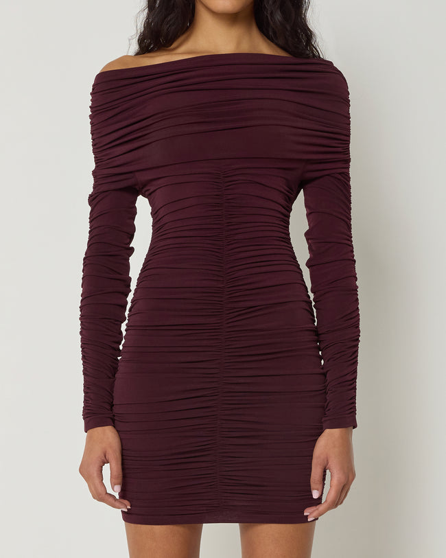 Long Sleeve Ruched Mini Dress | Black Cherry