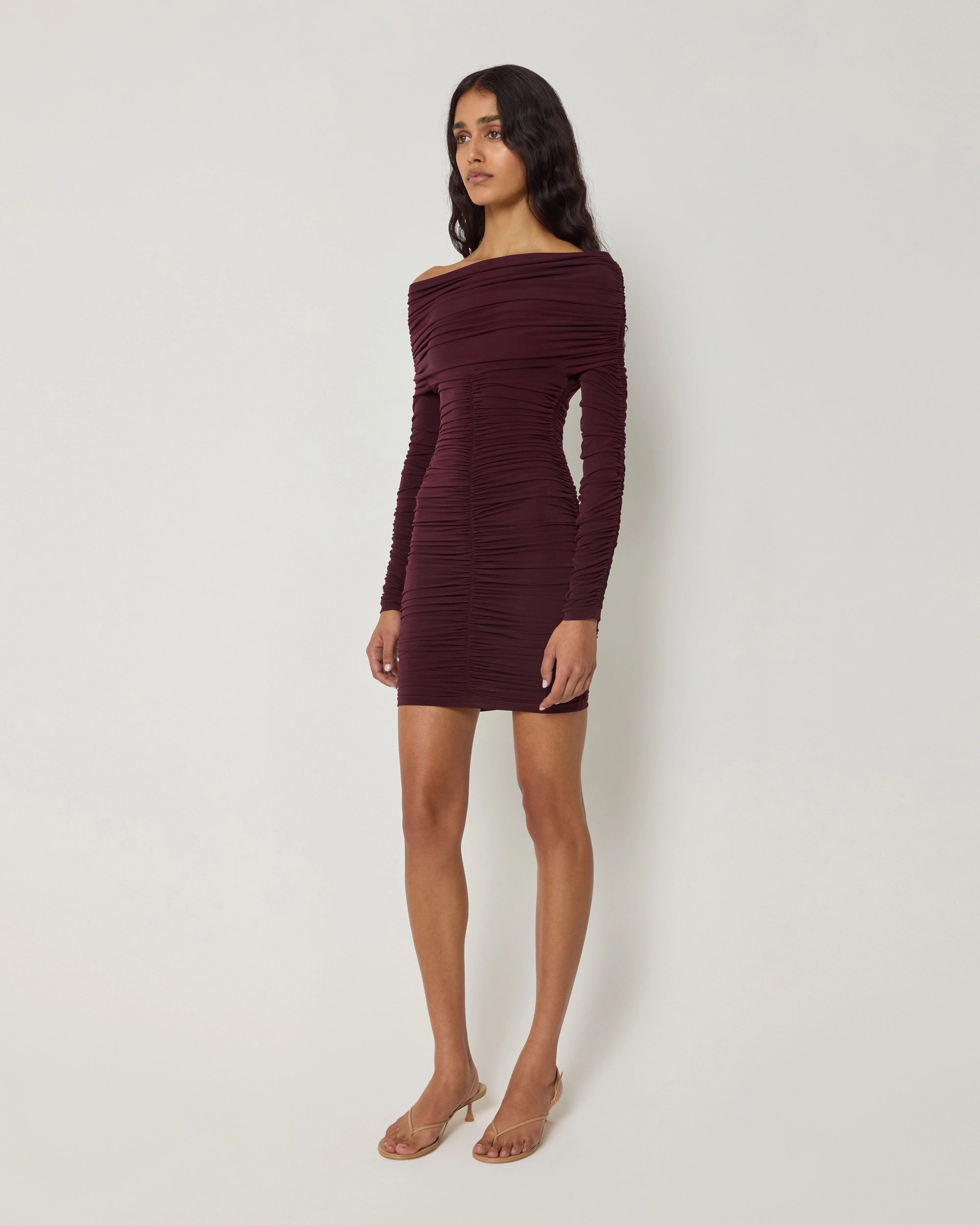 Long Sleeve Ruched Mini Dress | Black Cherry