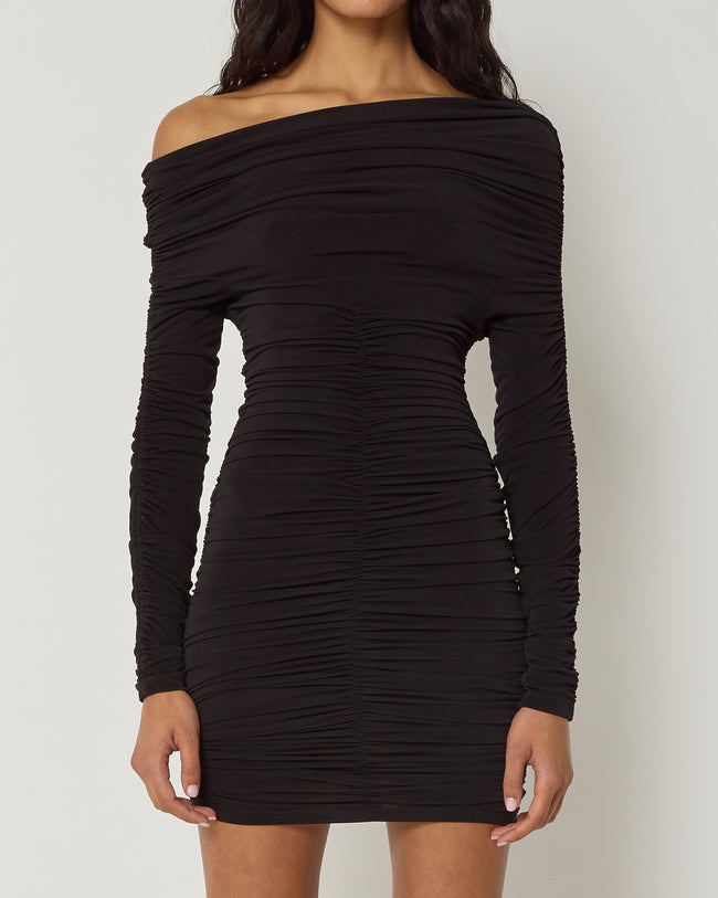 Long Sleeve Ruched Mini Dress | Black