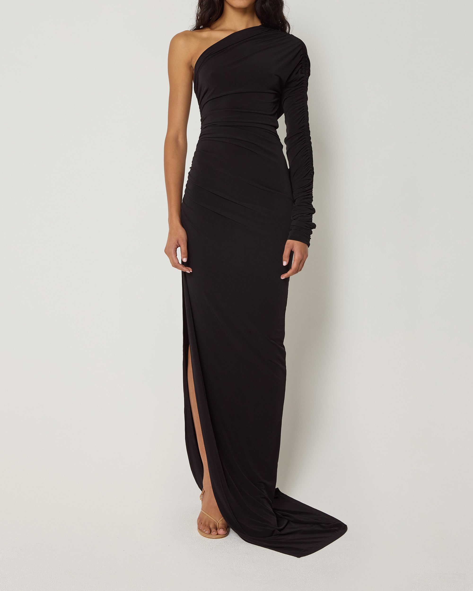 One Shoulder Ruched Gown | Black