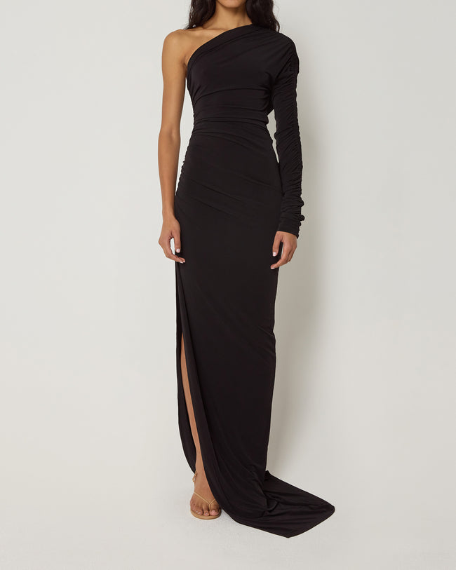 One Shoulder Ruched Gown | Black