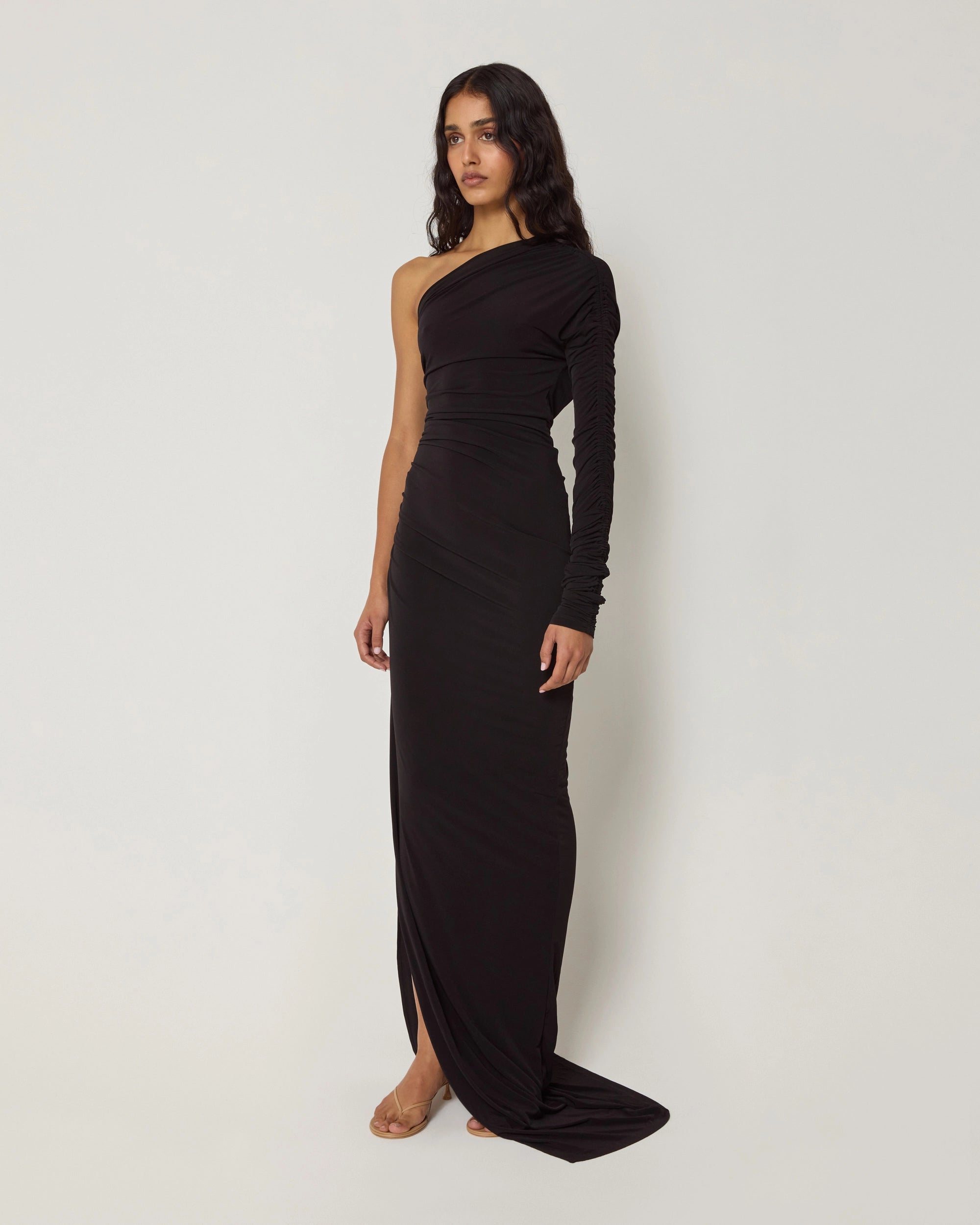 One Shoulder Ruched Gown | Black