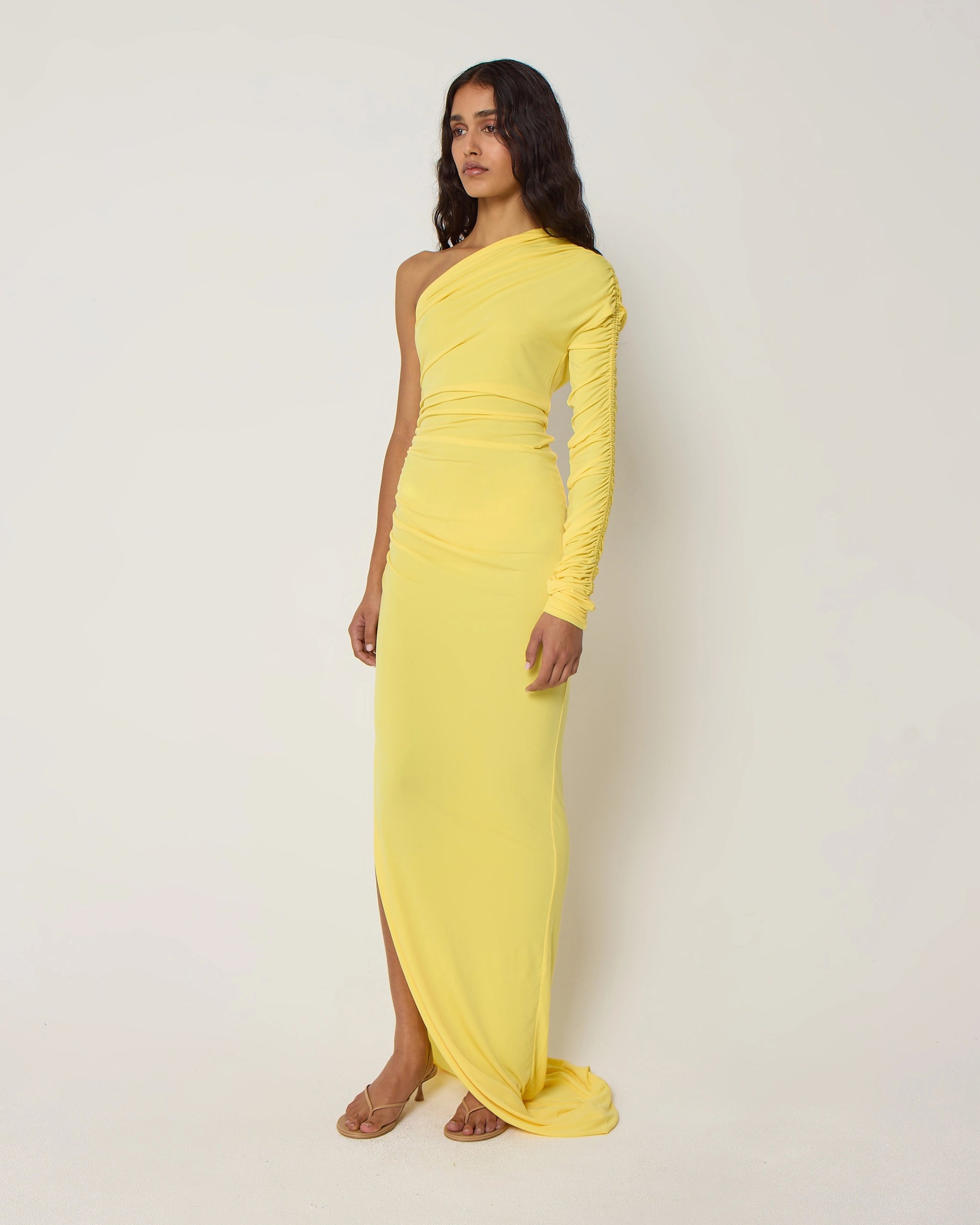 One Shoulder Ruched Gown | Golden