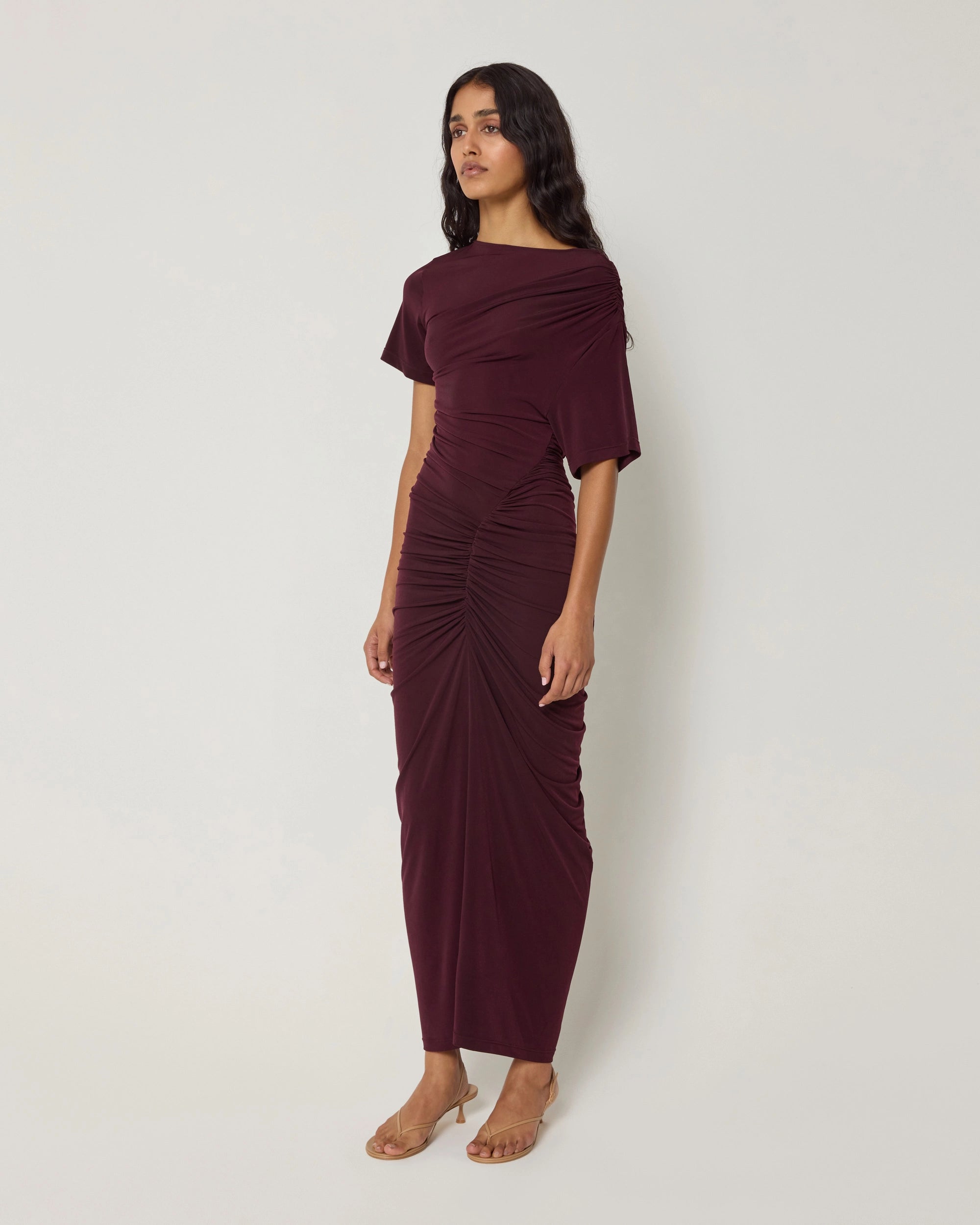 Asymmetrical Ruched Dress | Black Cherry