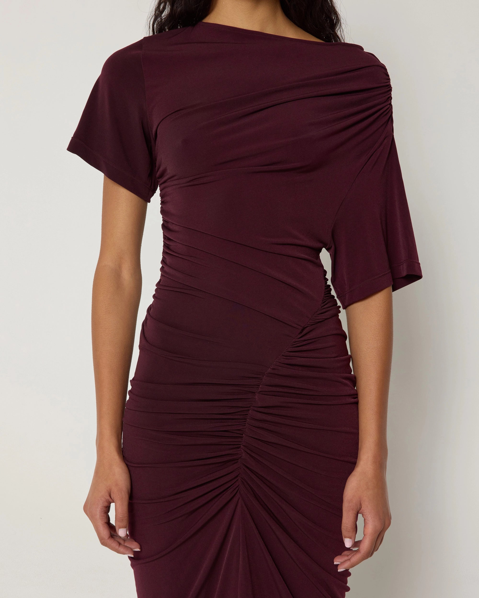 Asymmetrical Ruched Dress | Black Cherry