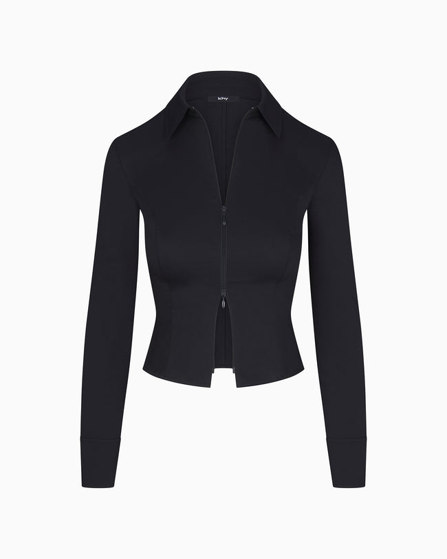 Poplin Collared Zip Shirt | Black